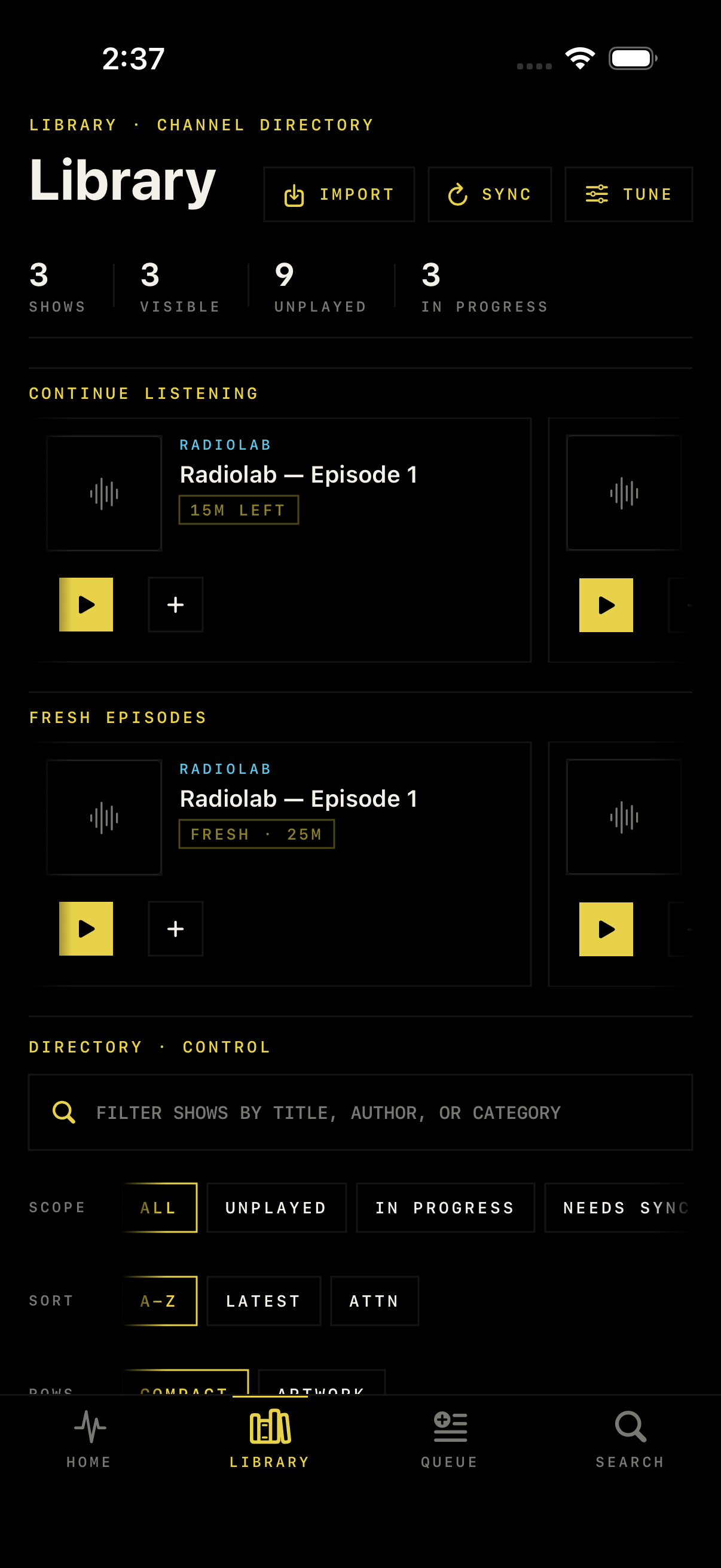 OffScript library screen with podcast browsing and listening controls