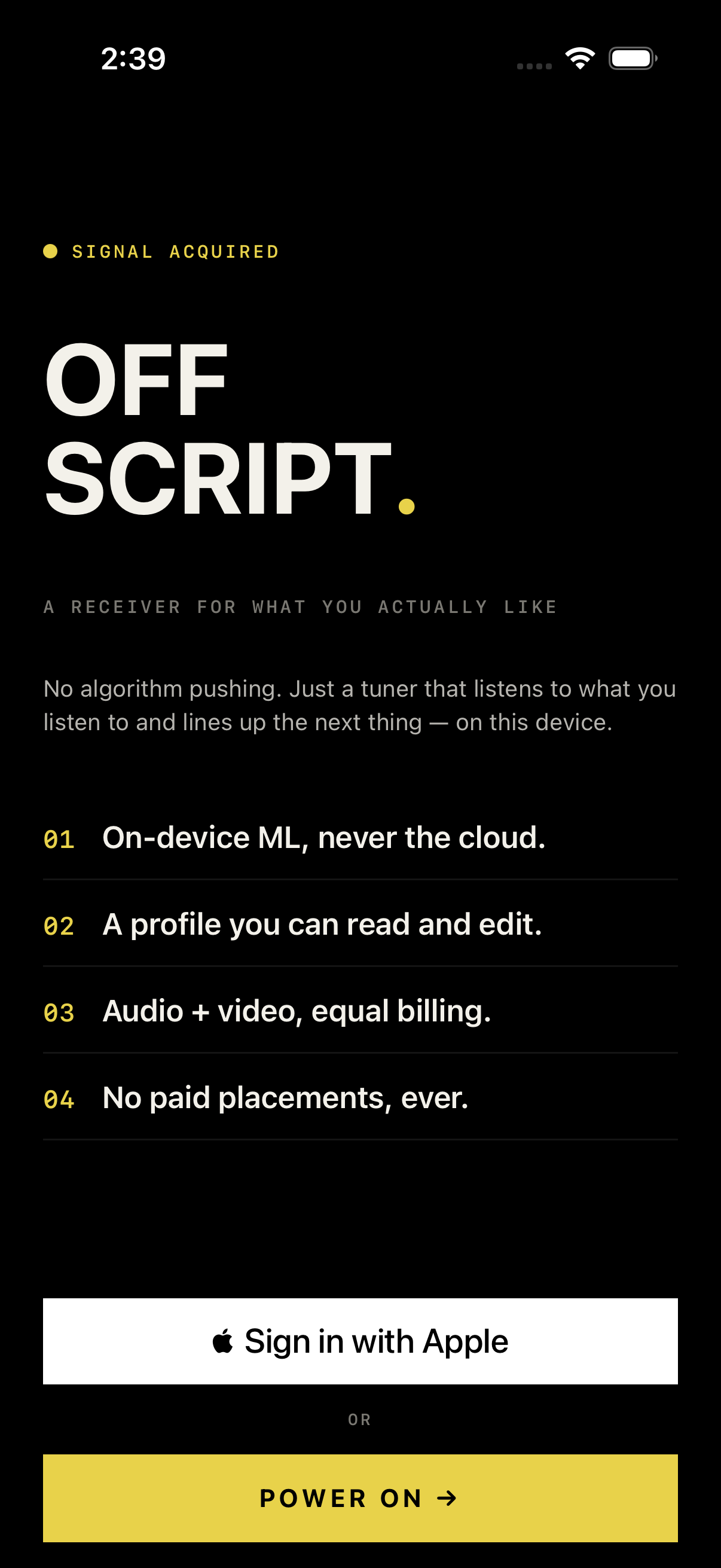 OffScript onboarding screen describing on-device podcast recommendations