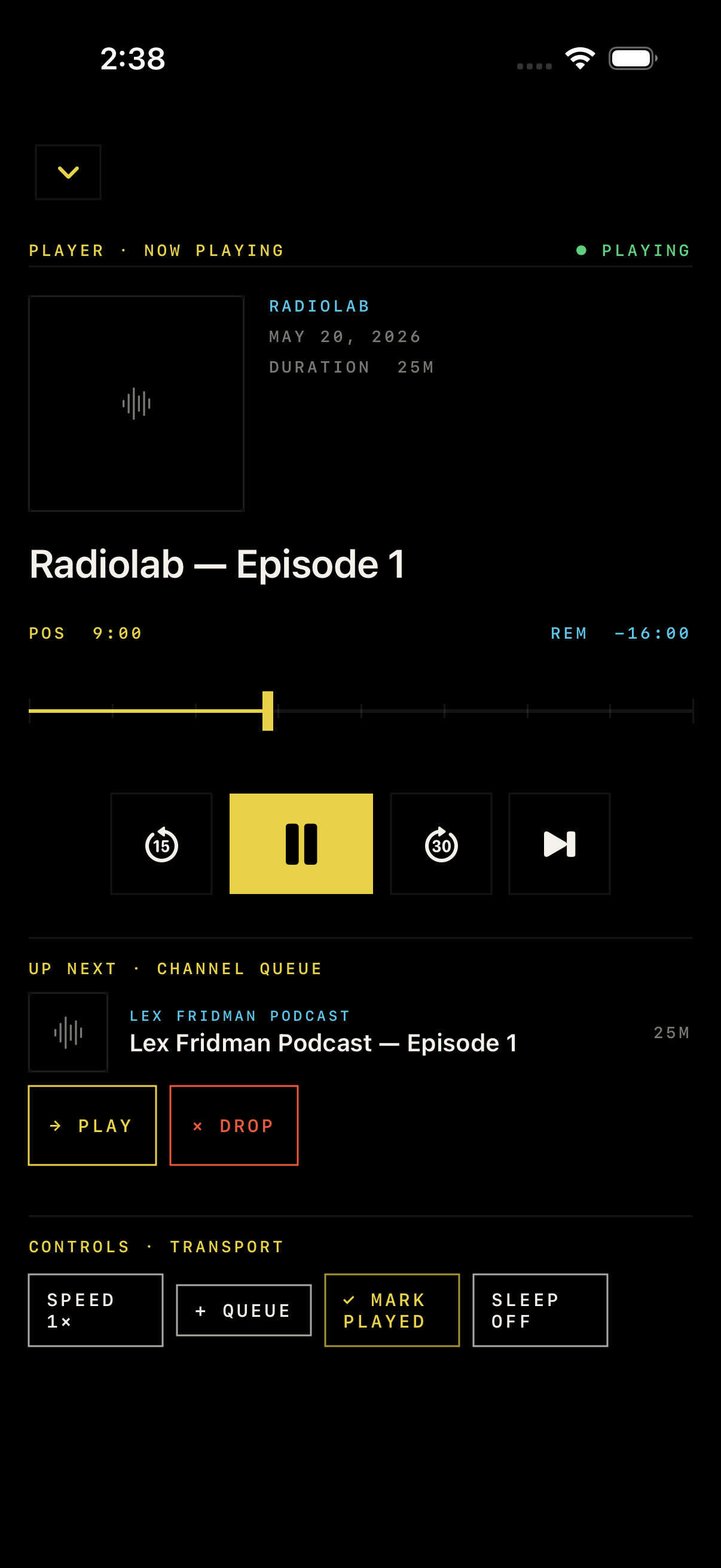OffScript now-playing screen with transport controls and queued listening