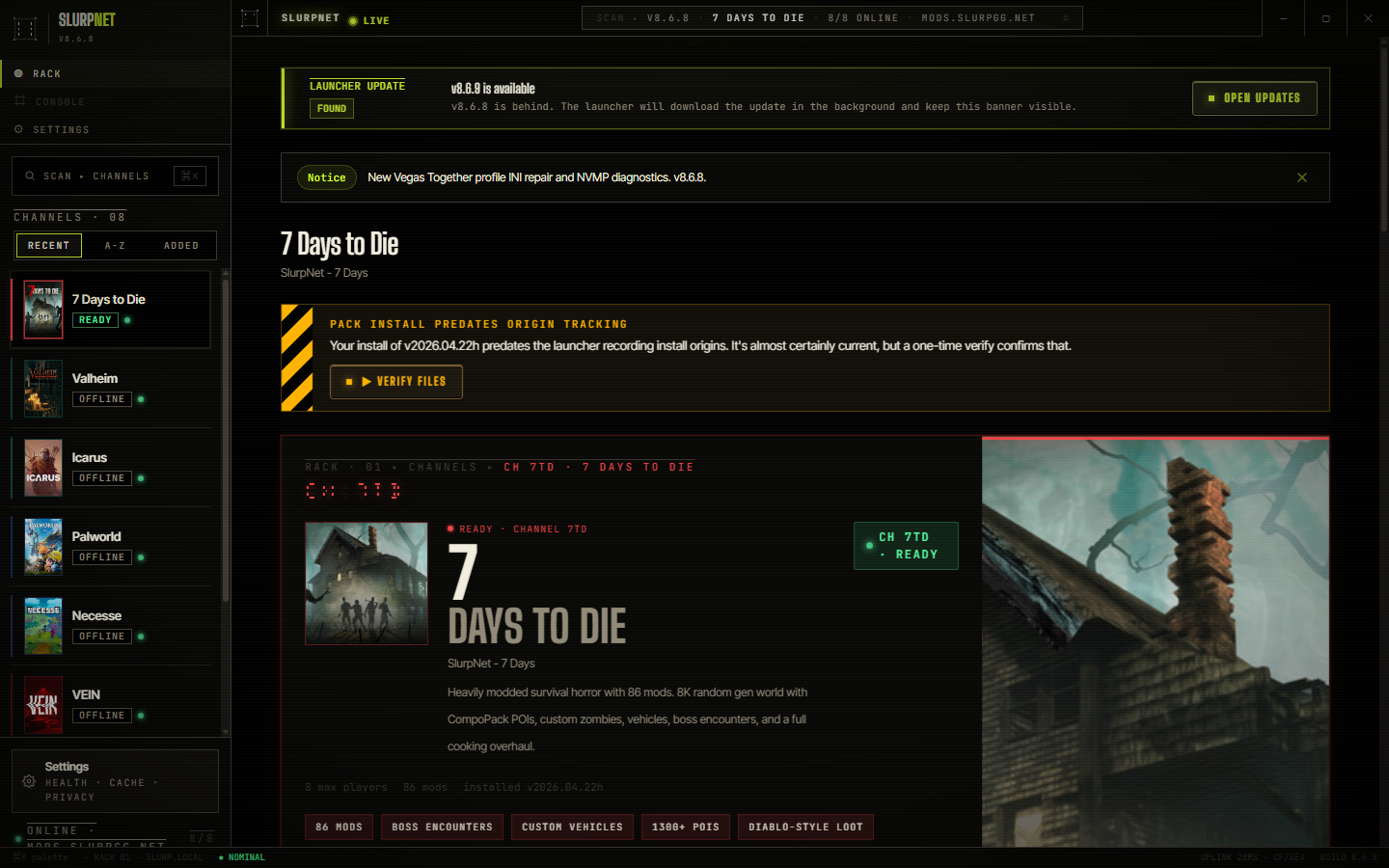 SlurpNet Launcher game detail with verification and pack state