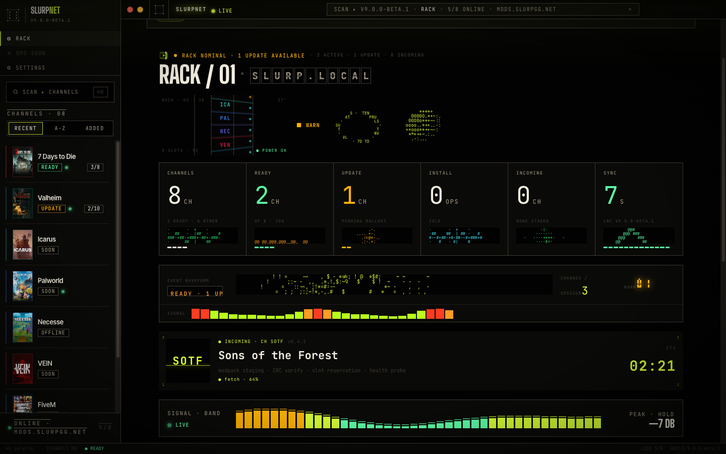 SlurpNet Launcher library showing game channels and update context