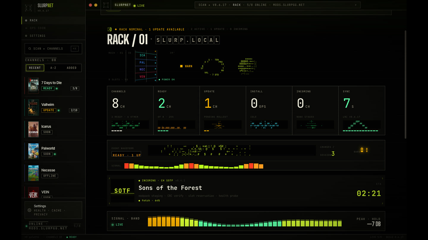 SlurpNet launcher desktop app moving through rack status, game detail, settings, and command palette views